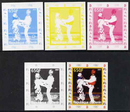 Benin 2007 Kick Boxing - individual deluxe sheet with Olympic Rings & Disney Character - the set of 5 imperf progressive proofs comprising the 4 individual colours plus all 4-colour composite, unmounted mint 
