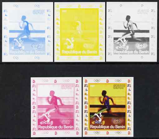 Benin 2007 Running - individual deluxe sheet with Olympic Rings & Disney Character - the set of 5 imperf progressive proofs comprising the 4 individual colours plus all 4-colour composite, unmounted mint 