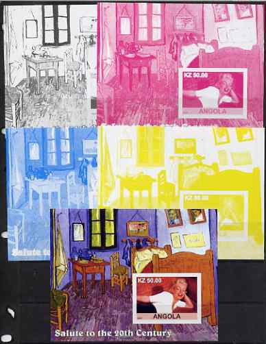 Angola 2002 Salute to the 20th Century #07 s/sheet - Marilyn & Painting by Van Gogh - the set of 5 imperf progressive proofs comprising the 4 individual colours plus all 4-colour composite, unmounted mint 