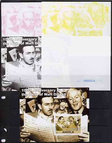 Angola 2001 Birth Centenary of Walt Disney #04 s/sheet - Walt Disney & Nelson Eddie - the set of 5 imperf progressive proofs comprising the 4 individual colours plus all 4-colour composite, unmounted mint 