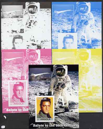 Angola 2002 Salute to the 20th Century #12 s/sheet - Elvis, Concorde & Neil Armstrong - the set of 5 imperf progressive proofs comprising the 4 individual colours plus all 4-colour composite, unmounted mint 