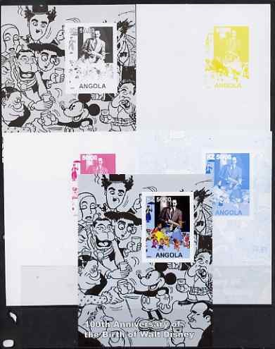 Angola 2001 Birth Centenary of Walt Disney #03 s/sheet - Disney & charactures incl Charlie Chaplin - the set of 5 imperf progressive proofs comprising the 4 individual colours plus all 4-colour composite, unmounted mint 