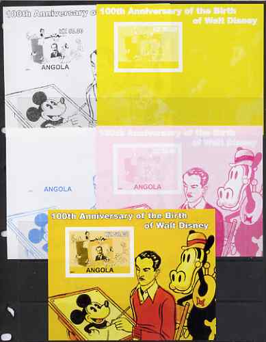 Angola 2001 Birth Centenary of Walt Disney #01 s/sheet - Disney & various characters - the set of 5 imperf progressive proofs comprising the 4 individual colours plus all 4-colour composite, unmounted mint 