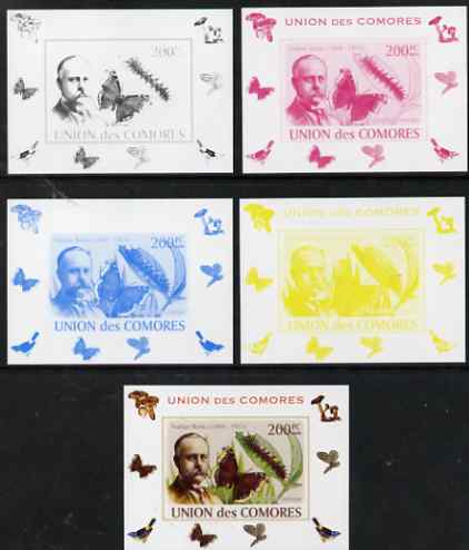 Comoro Islands 2008 Entomologists & Butterflies #1 Nathan Banks individual deluxe sheet - the set of 5 imperf progressive proofs comprising the 4 individual colours plus all 4-colour composite, unmounted mint 