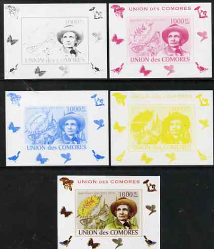 Comoro Islands 2008 Entomologists & Butterflies #5 Jean Henri Fabre individual deluxe sheet - the set of 5 imperf progressive proofs comprising the 4 individual colours plus all 4-colour composite, unmounted mint 