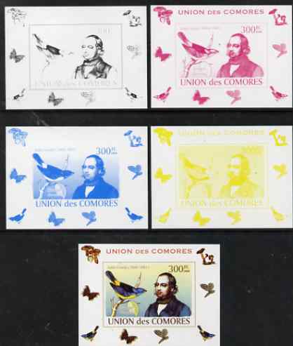 Comoro Islands 2008 Ornithologists & Birds #4 John Gould 300f individual deluxe sheet - the set of 5 imperf progressive proofs comprising the 4 individual colours plus all 4-colour composite, unmounted mint 