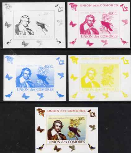 Comoro Islands 2008 Ornithologists & Birds #5 John James Audubon 400f individual deluxe sheet - the set of 5 imperf progressive proofs comprising the 4 individual colours plus all 4-colour composite, unmounted mint 
