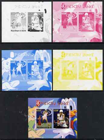 Benin 2007 Beijing Olympic Games #11 - Tennis (2) s/sheet containing 2 values (Disney characters in background) - the set of 5 imperf progressive proofs comprising the 4 individual colours plus all 4-colour composite, unmounted mint 