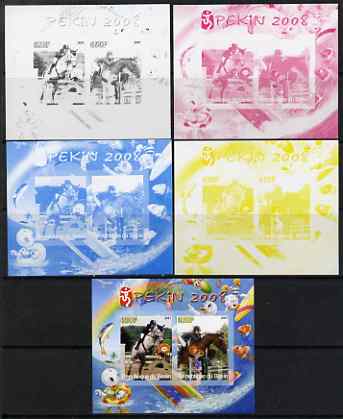 Benin 2007 Beijing Olympic Games #02 - Show Jumping (2) s/sheet containing 2 values (Disney characters in background) - the set of 5 imperf progressive proofs comprising the 4 individual colours plus all 4-colour composite, unmounted mint 