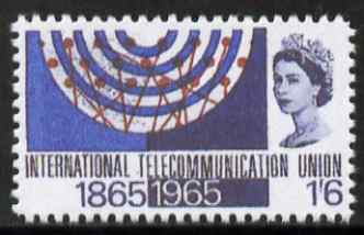 GB Great Britain 1965 ITU Centenary 1s6d with pink (panel) omitted,,'Maryland' perf forgery 'unused', as SG 684a - the word Forgery is either handstamped or printed on the back and comes on a presentation card with descriptive notes