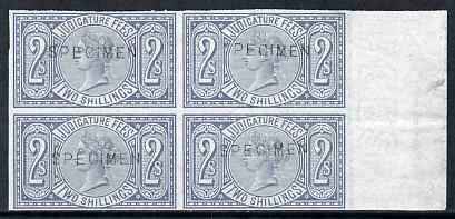 GB Great Britain 1876 QV Judicature Fees 2s imperf block of 4 each handstamped SPECIMEN unmounted mint