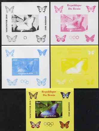 Benin 2009 Butterflies & Olympics #07 individual deluxe sheet the set of 5 imperf progressive proofs comprising the 4 individual colours plus all 4-colour composite, unmounted mint
