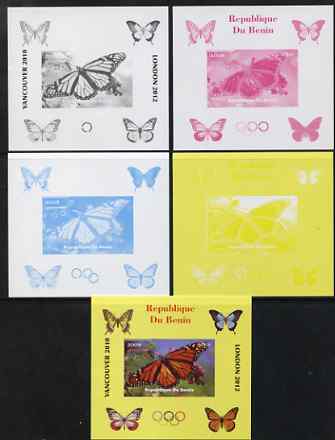 Benin 2009 Butterflies & Olympics #08 individual deluxe sheet the set of 5 imperf progressive proofs comprising the 4 individual colours plus all 4-colour composite, unmounted mint