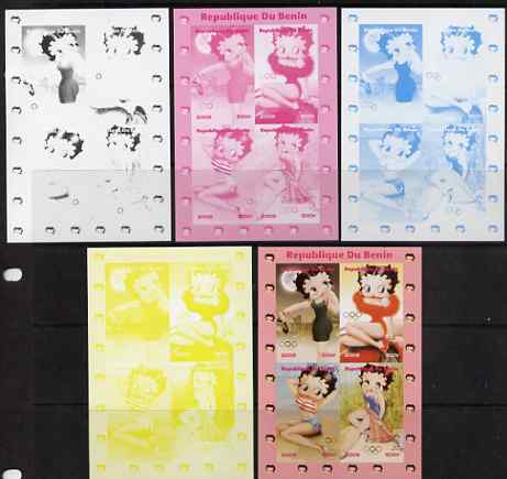 Benin 2009 Betty Boop & Olympics sheetlet containing 4 values, the set of 5 imperf progressive proofs comprising the 4 individual colours plus all 4-colour composite, unmounted mint