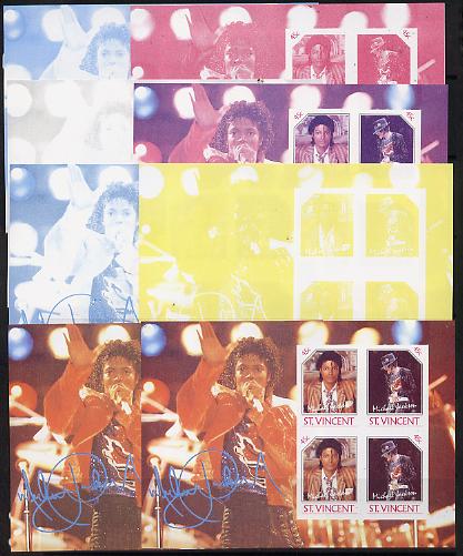 St Vincent 1985 Michael Jackson (Leaders of the World) 45c m/sheet, the set of 8 imperf progressive proofs comprising 4 individual colours plus 2, 3, 4 & all 5-colour composites, unmounted mint as SG MS 948a