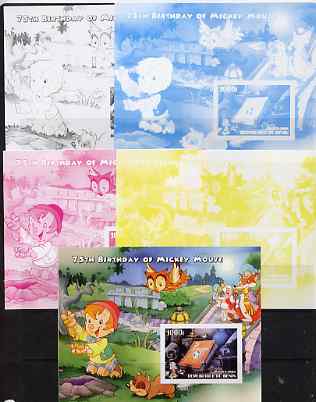 Benin 2004 75th Birthday of Mickey Mouse - Pinocchio m/sheet - the set of 5 imperf progressive proofs comprising the 4 individual colours plus all 4-colour composite, unmounted mint