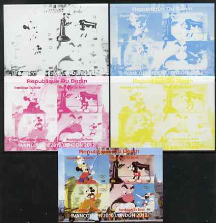 Benin 2009 Olympic Games - Disney Characters #04 sheetlet containing 4 values - the set of 5 imperf progressive proofs comprising the 4 individual colours plus all 4-colour composite, unmounted mint