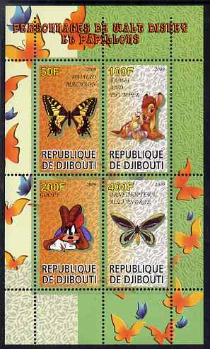 Djibouti 2009 Butterflies and Disney Characters #1 perf sheetlet containing 4 values unmounted mint