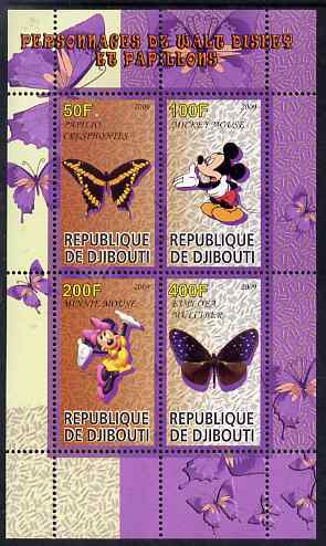 Djibouti 2009 Butterflies and Disney Characters #2 perf sheetlet containing 4 values unmounted mint