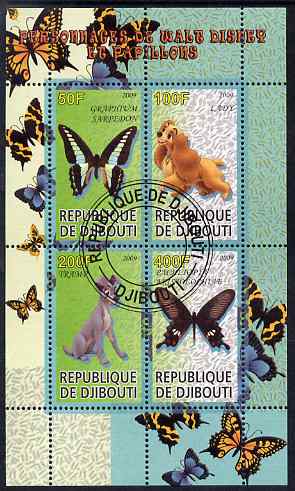 Djibouti 2009 Butterflies and Disney Characters #3 perf sheetlet containing 4 values fine cto used