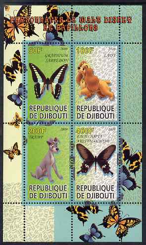 Djibouti 2009 Butterflies and Disney Characters #3 perf sheetlet containing 4 values unmounted mint