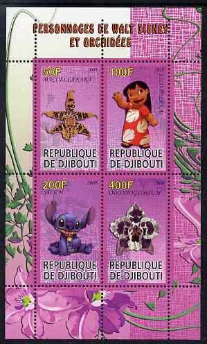 Djibouti 2009 Orchids and Disney Characters #3 perf sheetlet containing 4 values unmounted mint