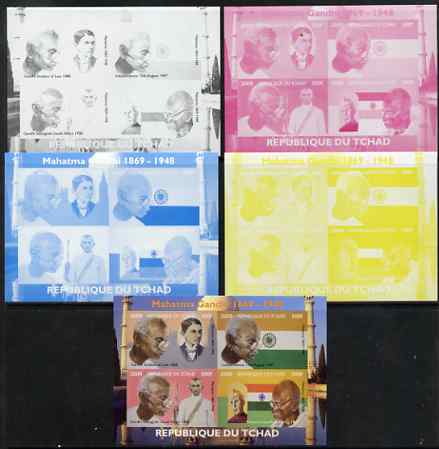 Chad 2009 Mahatma Gandhi sheetlet containing 4 values - the set of 5 imperf progressive proofs comprising the 4 individual colours plus all 4-colour composite, unmounted mint. 