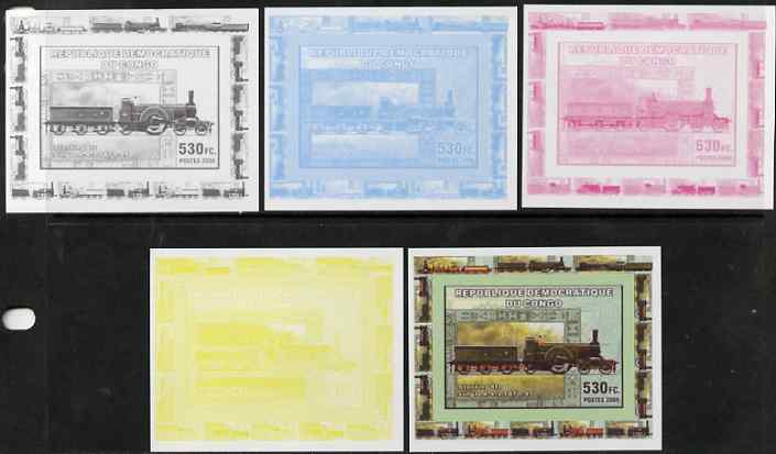Congo 2006 Transport - British Steam Locos #3 - Stirling 8ft Single 4-2-2 individual deluxe sheet - the set of 5 imperf progressive proofs comprising the 4 individual colours plus all 4-colour composite, unmounted mint 