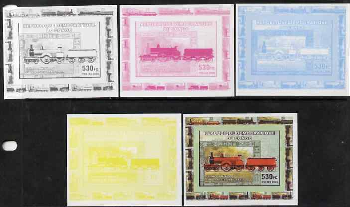 Congo 2006 Transport - British Steam Locos #6 - Johnson Single 4-2-2 individual deluxe sheet - the set of 5 imperf progressive proofs comprising the 4 individual colours plus all 4-colour composite, unmounted mint 