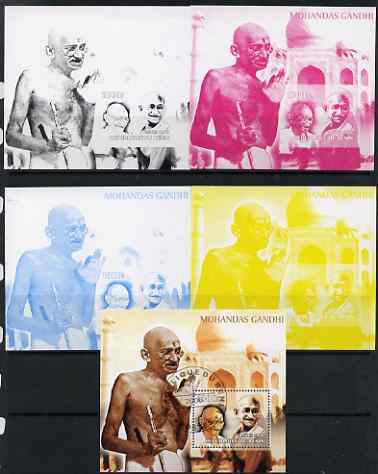 Benin 2006 Mahatma Gandhi #2 s/sheet - the set of 5 imperf progressive proofs comprising the 4 individual colours unmounted mint plus all 4-colour perf composite cto used, 