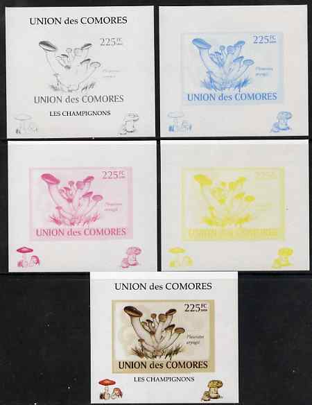 Comoro Islands 2009 Fungi #3 - 225 FC individual deluxe sheet - the set of 5 imperf progressive proofs comprising the 4 individual colours plus all 4-colour composite, unmounted mint 