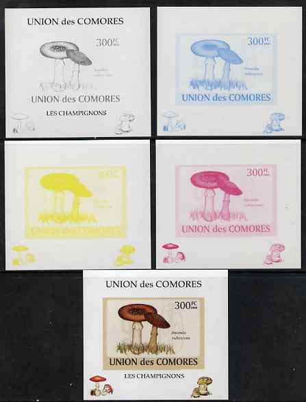 Comoro Islands 2009 Fungi #4 - 300 FC individual deluxe sheet - the set of 5 imperf progressive proofs comprising the 4 individual colours plus all 4-colour composite, unmounted mint 