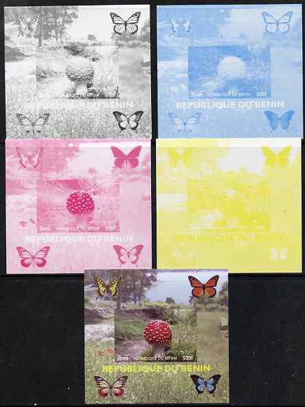 Benin 2009 Mushrooms and Butterflies #2 individual deluxe sheet - the set of 5 imperf progressive proofs comprising the 4 individual colours plus all 4-colour composite, unmounted mint 