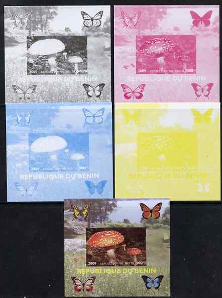 Benin 2009 Mushrooms and Butterflies #4 individual deluxe sheet - the set of 5 imperf progressive proofs comprising the 4 individual colours plus all 4-colour composite, unmounted mint 