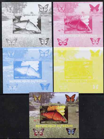 Benin 2009 Butterflies #3 individual deluxe sheet - the set of 5 imperf progressive proofs comprising the 4 individual colours plus all 4-colour composite, unmounted mint 
