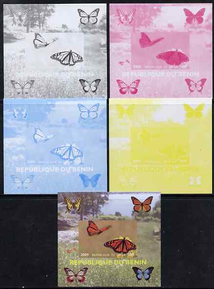 Benin 2009 Butterflies #4 individual deluxe sheet - the set of 5 imperf progressive proofs comprising the 4 individual colours plus all 4-colour composite, unmounted mint 