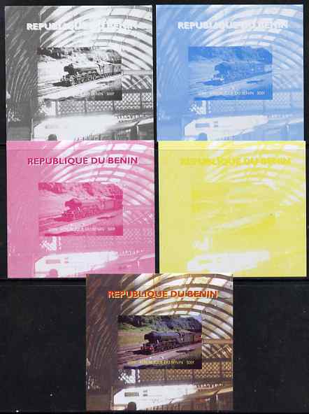 Benin 2009 Steam Locomotives #1 individual deluxe sheet - the set of 5 imperf progressive proofs comprising the 4 individual colours plus all 4-colour composite, unmounted mint 