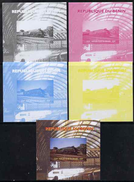 Benin 2009 Steam Locomotives #2 individual deluxe sheet - the set of 5 imperf progressive proofs comprising the 4 individual colours plus all 4-colour composite, unmounted mint 