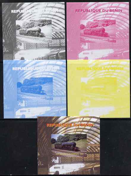 Benin 2009 Steam Locomotives #4 individual deluxe sheet - the set of 5 imperf progressive proofs comprising the 4 individual colours plus all 4-colour composite, unmounted mint 