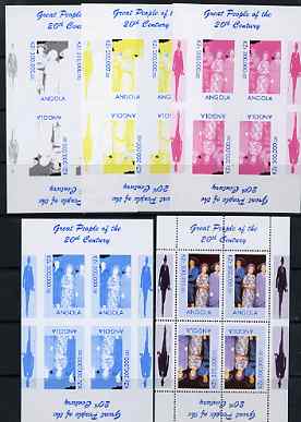 Angola 1999 Great People of the 20th Century - Queen Mother & Princess Diana souvenir sheetlet of 4 (2 tete-beche pairs) - the set of 5 progressive proofs comprising 4 x 2-colour imperf combinations plus all 4-colour perf composite, unmounted mint 