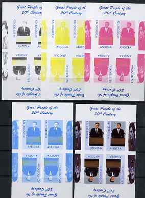 Angola 1999 Great People of the 20th Century - John Kennedy sheetlet of 4 (2 tete-beche pairs) - the set of 5 imperf progressive proofs comprising various 2-colour combinations plus all 4-colour composite, unmounted mint 