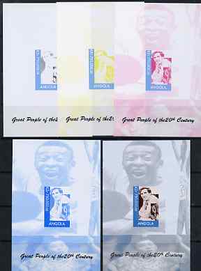 Angola 1999 Great People of the 20th Century - Bobby Fischer souvenir sheet (Table Tennis in background) - the set of 5 imperf progressive proofs comprising various 2-colour combinations plus all 4-colour composite, unmounted mint 