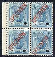 Peru 1909 Jose de la Mar 12c greenish-blue block of 4 each with small security punch hole and overprinted SPECIMEN (20 x 4.0 mm) unmounted mint, ex file copy from ABNCo archives, as SG 378