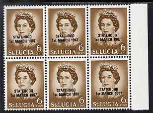 St Lucia 1967 unissued 6c with Statehood overprint in black, unmounted mint marginal block of 6 with semi-constant black flaw at right from overprint forme on R7/8 