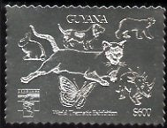 Guyana 1992 'Genova 92' International Thematic Stamp Exhibition $600 perf embossed in silver foil featuring Cat, Dog, Rabbit, Polar Bear, Butterfly & Dinosaur