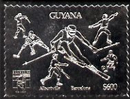 Guyana 1992 'Genova 92' International Thematic Stamp Exhibition $600 perf embossed in silver foil featuring Albertville & Barcelona Olympics and showing Fencing, Ice Hockey, Skiing, Baseball, Football & Ice Skating (Dancing)
