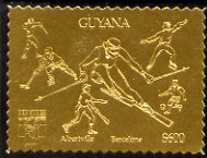 Guyana 1992 'Genova 92' International Thematic Stamp Exhibition $600 perf embossed in gold foil featuring Albertville & Barcelona Olympics and showing Fencing, Ice Hockey, Skiing, Baseball, Football & Ice Skating (Dancing)