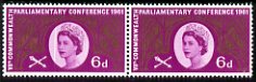  GB Great Britain 1961 Seventh Commonwealth Parliamentary Conference 6d horiz pair with left hand stamp showing a fine doctor blade flaw passing through the portrait oval, unmounted mint as SG 629