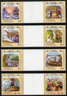 St Vincent - Grenadines 1988 Explorers set of 8 in 4 se-tenant inter-paneau gutter pairs (folded through gutters and minor wrinkles but very scarce in this unissued form) unmounted mint as SG 564-71. 