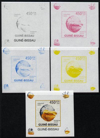 Guinea - Bissau 2009 Shells & Coral individual deluxe sheet #2 - the set of 5 imperf progressive proofs comprising the 4 individual colours plus all 4-colour composite, unmounted mint 